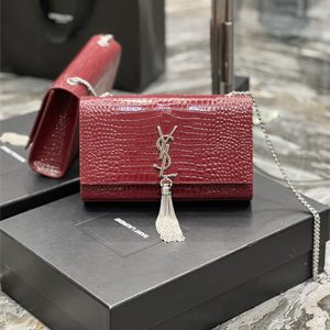 Y.S.L KATE MEDIUM TASSEL IN CROCODILE EMBOSSED Leather Silver Tone Metal Red Color
