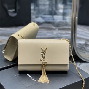 Y.S.L KATE MEDIUM TASSEL IN GRAIN DE POUDRE EMBOSSED LEATHER Gold Tone Metal Beige Color