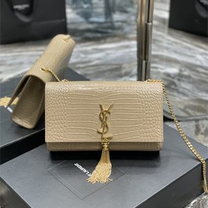 Y.S.L KATE MEDIUM TASSEL IN CROCODILE EMBOSSED Leather Gold Tone Metal Beige Color
