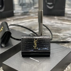 Y.S.L KATE BELT BAG IN CROCODILE EMBOSSED LEATHER Gold Tone Metal Black Color