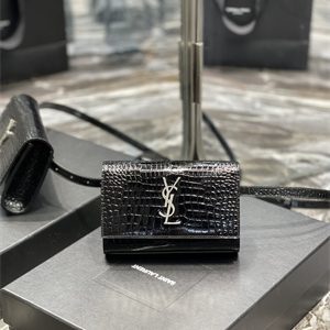 Y.S.L KATE BELT BAG IN CROCODILE EMBOSSED LEATHER Silver Tone Metal Black Color