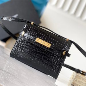 Y.S.L MANHATTAN MINI Crossbody Bag In Shinny Crocodile Embossed Leather Black Color