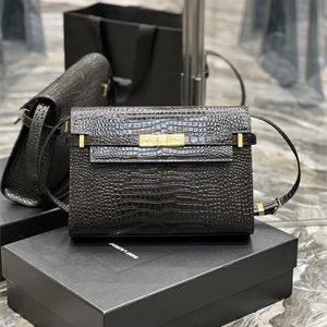 Y.S.L MANHATTAN Shoulder Bag In Black Shinny Crocodile Embossed Leather Gold Tone Metal