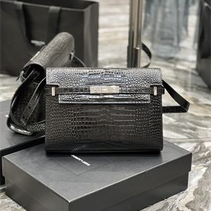 Y.S.L MANHATTAN Shoulder Bag In Black Shinny Crocodile Embossed Leather Silver Tone Metal