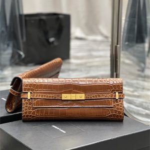 Y.S.L MANHATTAN CLUTCH In Shinny Crocodile Embossed Leather Brown Color