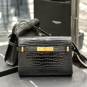 Y.S.L MANHATTAN SMALL Shoulder Bag In Shinny Crocodile Embossed Leather Black Color