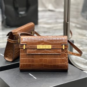 Y.S.L MANHATTAN SMALL Shoulder Bag In Shinny Crocodile Embossed Leather Brown Color