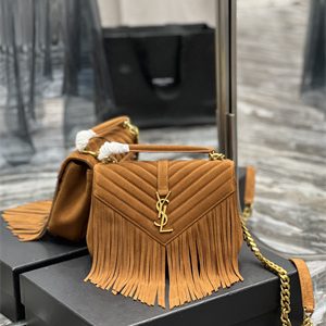 Y.S.L COLLEGE MEDIUM BAG IN QUILTED SUEDE With Fringes Gold Tone Metal Brown Color