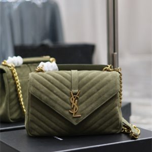Y.S.L COLLEGE MEDIUM BAG IN QUILTED SUEDE Gold Tone Metal Dk Green Color