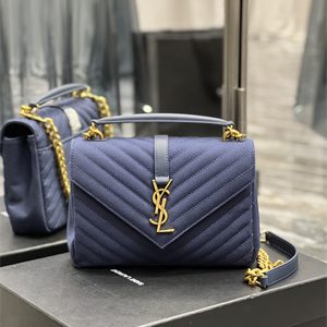 Y.S.L COLLEGE MEDIUM BAG IN QUILTED COTTON and LINEN Gold Tone Metal Navy Color