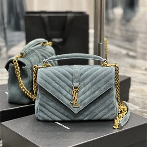 Y.S.L COLLEGE MEDIUM BAG IN QUILTED SUEDE Gold Tone Metal Grey Blue Color