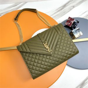 Y.S.L ENVELOPE LARGE IN QUILTED GRAIN DE POUDRE EMBOSSED LEATHER Gold Tone Metal Dk Green Color