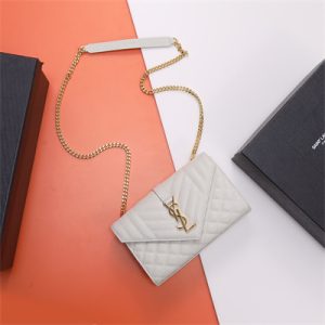 Y.S.L ENVELOPE SMALL IN QUILTED GRAIN DE POUDRE EMBOSSED LEATHER Gold Tone Metal White Color
