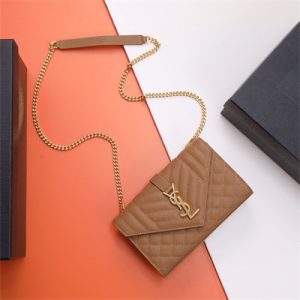 Y.S.L ENVELOPE SMALL IN QUILTED GRAIN DE POUDRE EMBOSSED LEATHER Gold Tone Metal Caramel Color