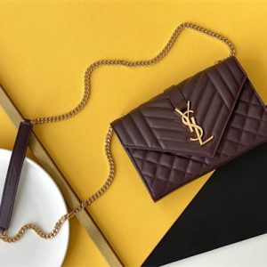 Y.S.L ENVELOPE SMALL IN QUILTED GRAIN DE POUDRE EMBOSSED LEATHER Gold Tone Metal Burgundy Color