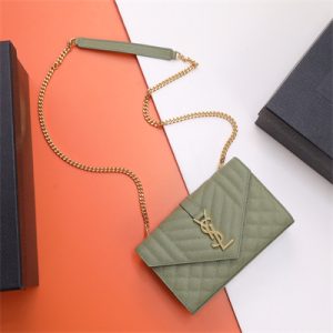 Y.S.L ENVELOPE SMALL IN QUILTED GRAIN DE POUDRE EMBOSSED LEATHER Gold Tone Metal Green Color