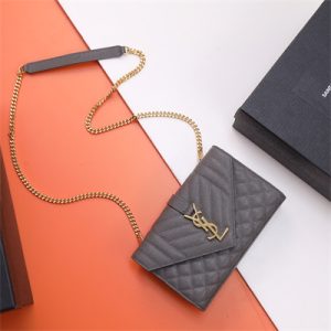 Y.S.L ENVELOPE SMALL IN QUILTED GRAIN DE POUDRE EMBOSSED LEATHER Gold Tone Metal Dk Grey Color