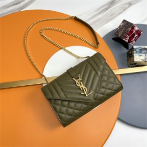 Y.S.L ENVELOPE SMALL IN QUILTED GRAIN DE POUDRE EMBOSSED LEATHER Gold Tone Metal Dk Green Color