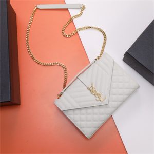 Y.S.L ENVELOPE MEDIUM IN QUILTED GRAIN DE POUDRE EMBOSSED LEATHER Gold Tone Metal White Color