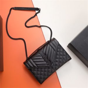 Y.S.L ENVELOPE MEDIUM IN QUILTED GRAIN DE POUDRE EMBOSSED LEATHER Black Tone Metal Black Color