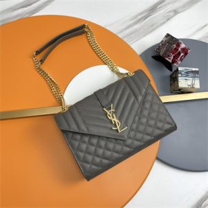 Y.S.L ENVELOPE MEDIUM IN QUILTED GRAIN DE POUDRE EMBOSSED LEATHER Gold Tone Metal Dk Grey Color