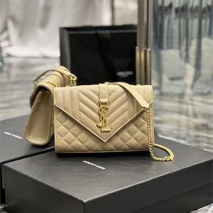 Y.S.L ENVELOPE SMALL IN QUILTED GRAIN DE POUDRE EMBOSSED LEATHER Gold Tone Metal Beige Color