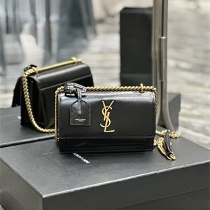 Y.S.L Sunset Small Bag In Smooth Leather Gold Tone Metal Black Color