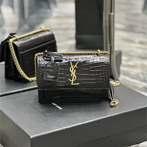 Y.S.L Sunset Small Bag In Crocodile Embossed Leather Gold Tone Metal Black Color