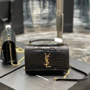 Y.S.L Sunset Chain Wallet In Crocodile Embossed Leather Gold Tone Metal Black Color