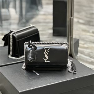 Y.S.L Sunset Small Bag In Smooth Leather Silver Tone Metal Black Color