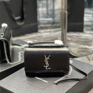 Y.S.L Sunset Chain Wallet In Smooth Leather Silver Tone Metal Black Color