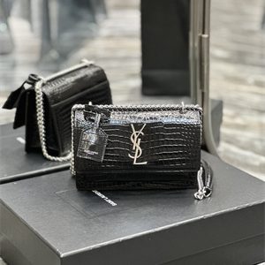 Y.S.L Sunset Small Bag In Crocodile Embossed Leather Silver Tone Metal Black Color