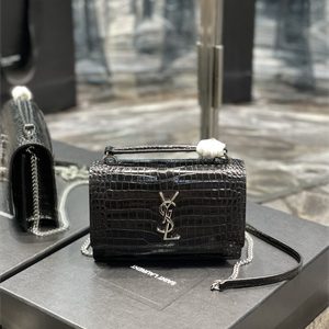 Y.S.L Sunset Chain Wallet In Crocodile Embossed Leather Silver Tone Metal Black Color