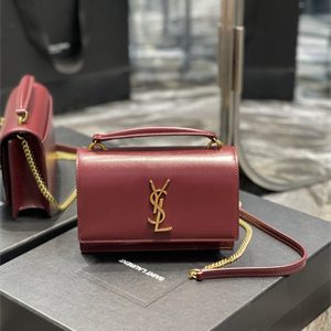 Y.S.L Sunset Chain Wallet In Smooth Leather Gold Tone Metal Burgundy Color