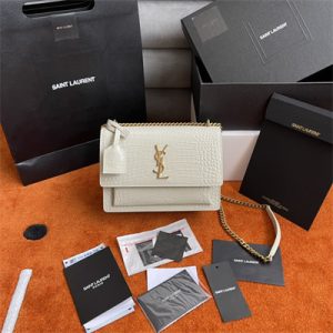 Y.S.L Sunset MEDIUM Bag In Crocodile Embossed Leather Gold Tone Metal White Color