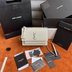 Y.S.L Sunset MEDIUM Bag In Crocodile Embossed Leather Silver Tone Metal White Color