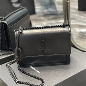 Y.S.L Sunset MEDIUM Bag In Smooth Leather Black Tone Metal Black Color