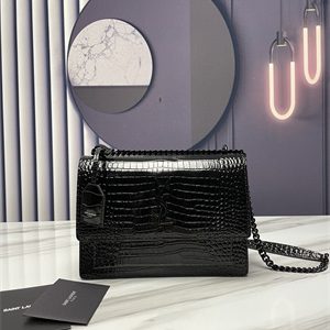 Y.S.L Sunset MEDIUM Bag In Crocodile Embossed Leather Black Tone Metal Black Color