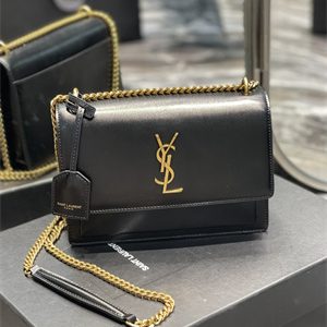 Y.S.L Sunset MEDIUM Bag In Smooth Leather Gold Tone Metal Black Color