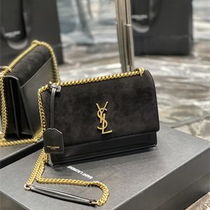 Y.S.L Sunset MEDIUM Bag In Suede and Smooth Leather Gold Tone Metal Black Color
