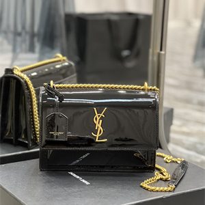 Y.S.L Sunset MEDIUM Bag In Patent Leather Gold Tone Metal Black Color