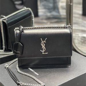 Y.S.L Sunset MEDIUM Bag In Smooth Leather Silver Tone Metal Black Color