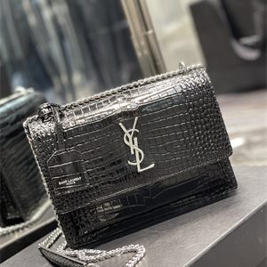 Y.S.L Sunset MEDIUM Bag In Crocodile Embossed Leather Silver Tone Metal Black Color