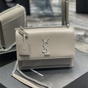 Y.S.L Sunset MEDIUM Bag In Smooth Leather Silver Tone Metal Grey Color