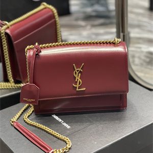 Y.S.L Sunset MEDIUM Bag In Smooth Leather Gold Tone Metal Burgundy Color