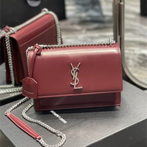 Y.S.L Sunset MEDIUM Bag In Smooth Leather Silver Tone Metal Burgundy Color