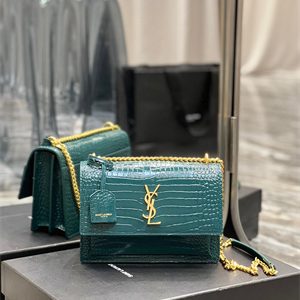 Y.S.L Sunset MEDIUM Bag In Crocodile Embossed Leather Gold Tone Metal Green Color