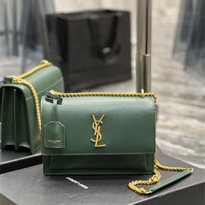 Y.S.L Sunset MEDIUM Bag In Smooth Leather Gold Tone Metal Green Color