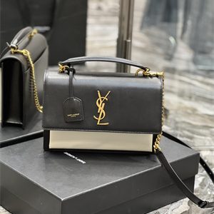 Y.S.L Sunset Top Handle Bag In Smooth Leather Gold Tone Metal Black/White Color