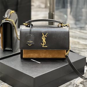 Y.S.L Sunset Top Handle Bag In Smooth Leather and Suede Gold Tone Metal Black Color
